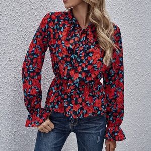 Boho Red Floral Lantern Sleeve Peplum Top Casual
